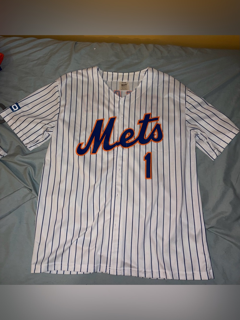 Mets #1 Rosario Pinstripe Baseball Jersey - White/Blue with Orange Logo